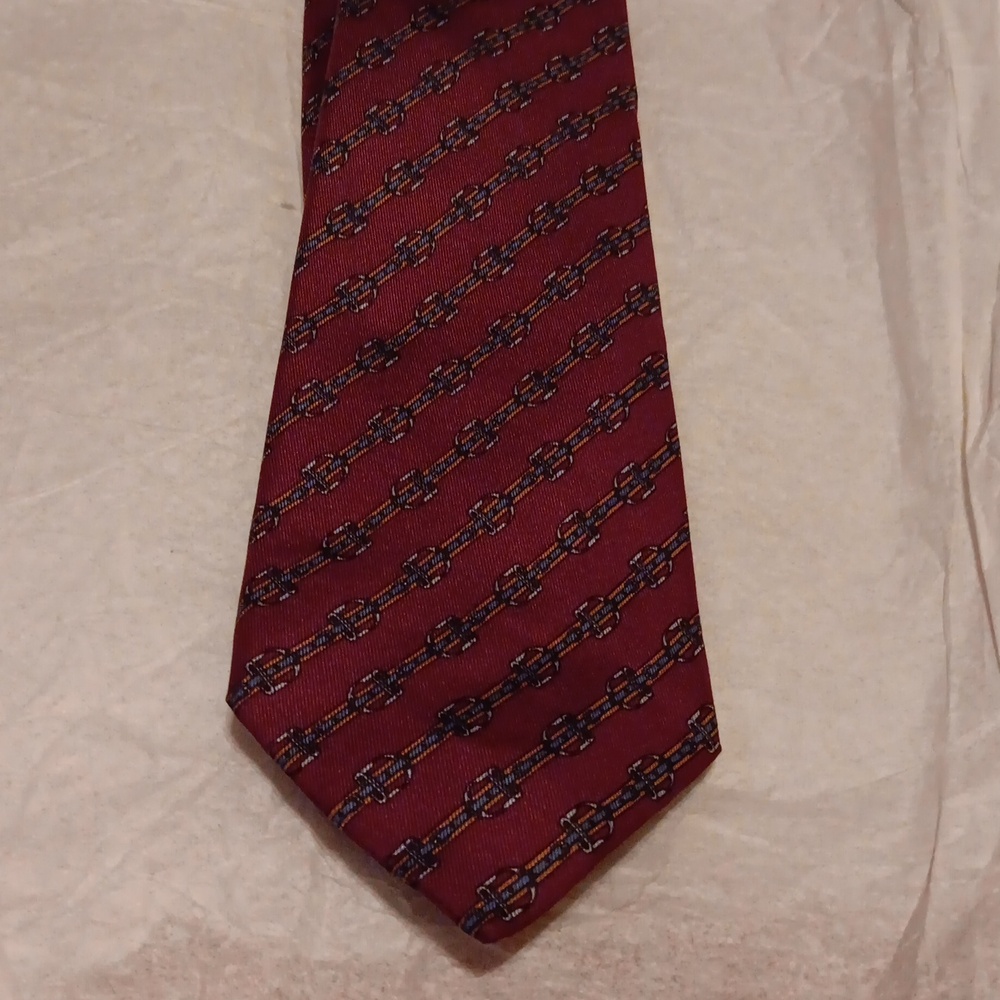 VINTAGE HERMES BURGUNDY, BLUE & BROWN STIRRUP SILK TIE